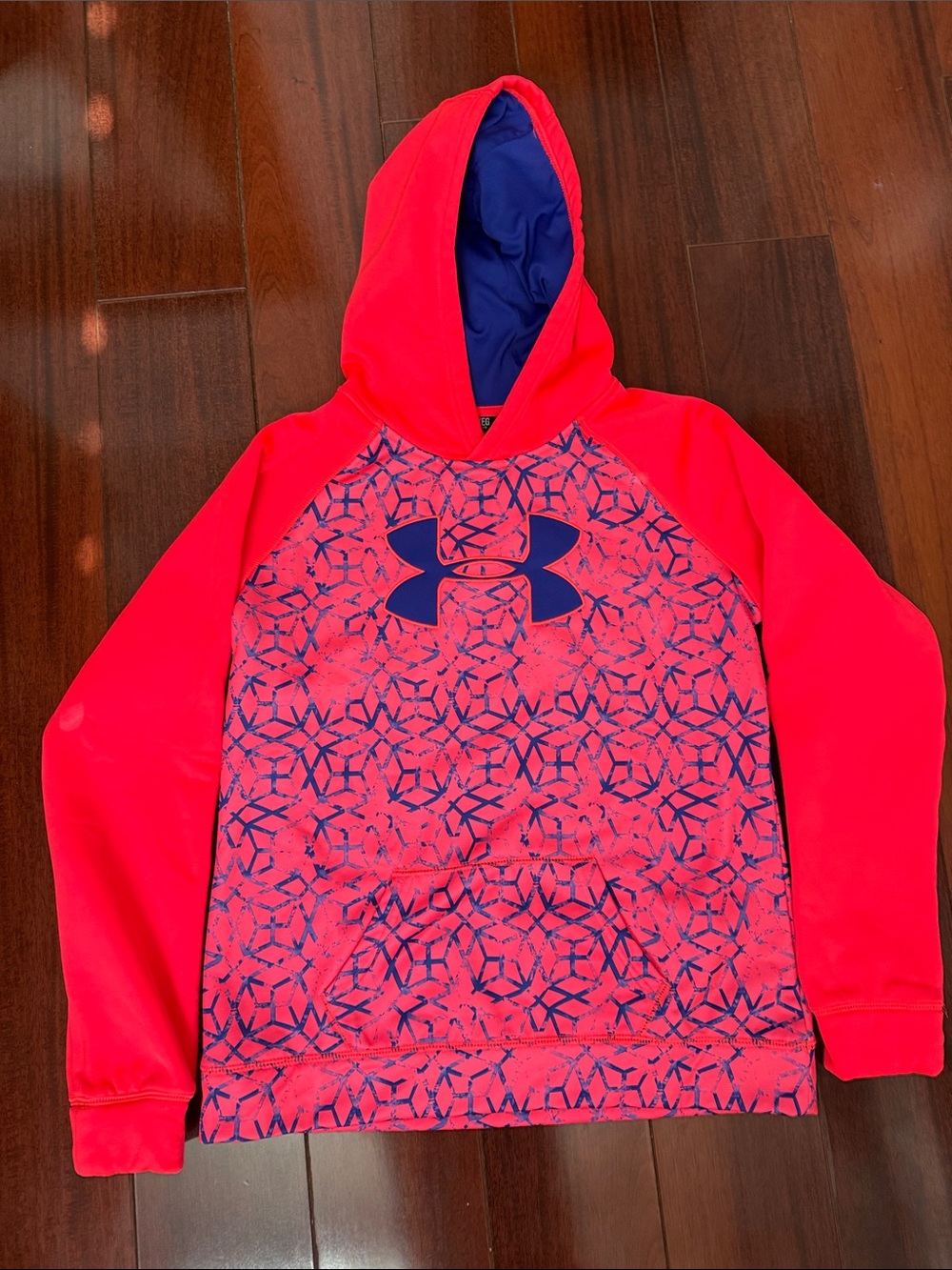 Under Armour Girls' Hot Pink Hoodie with Navy Logo and Pattern